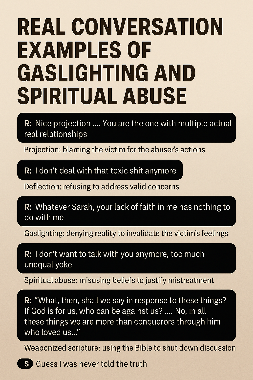 Real Conversation, examples, of gaslighting, and spiritual abuse.