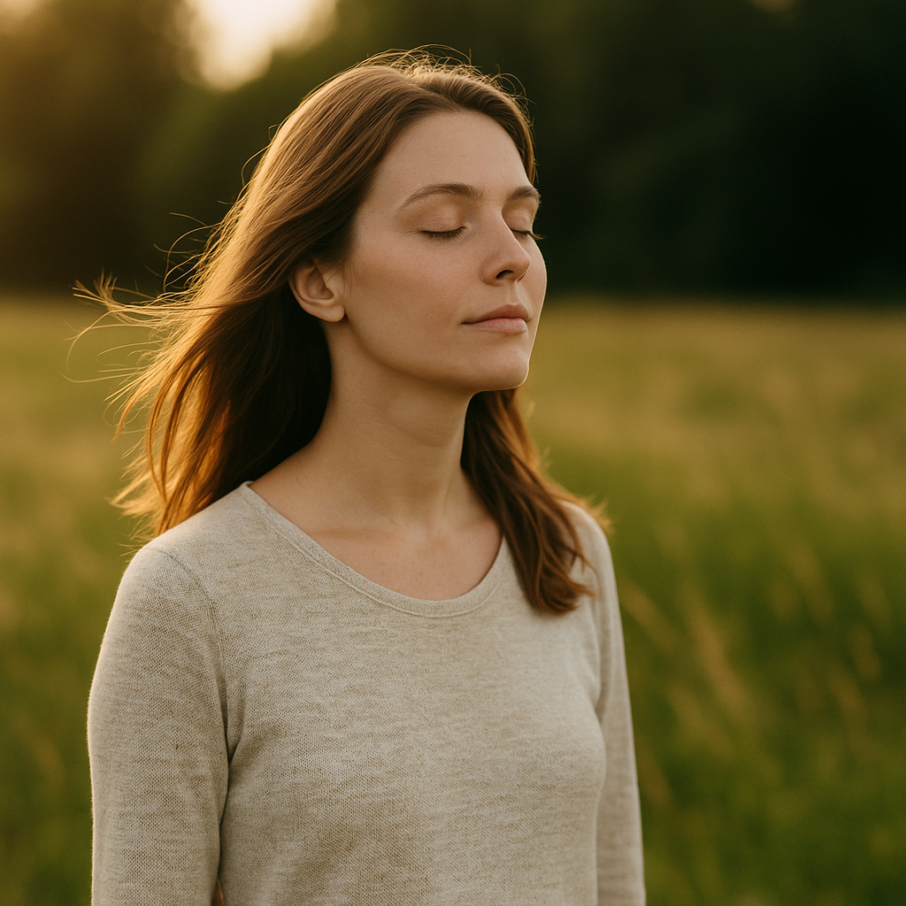 “A woman standing in a sunlit field, eyes closed, surrounded by peace and stillness.”