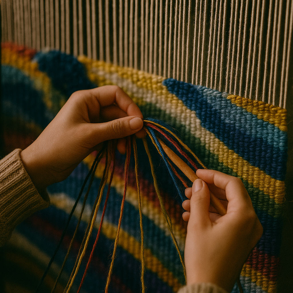 “Close-up of hands weaving colorful threads into a tapestry of renewal.”