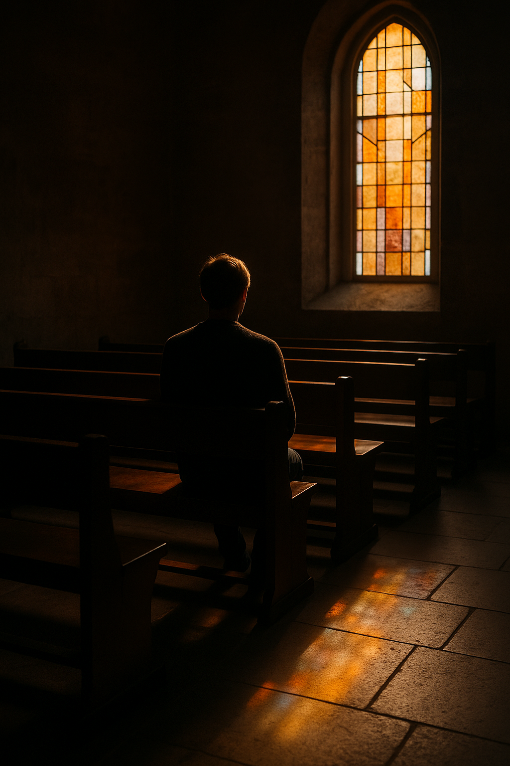 “Light pouring through a stained-glass window onto an empty pew, symbolizing freedom and spiritual healing through surrender